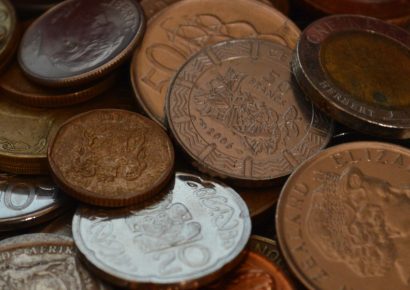 Close up of different coins.