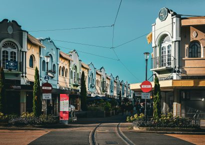 Landscape of Christchurch city with old buildings and tram lines