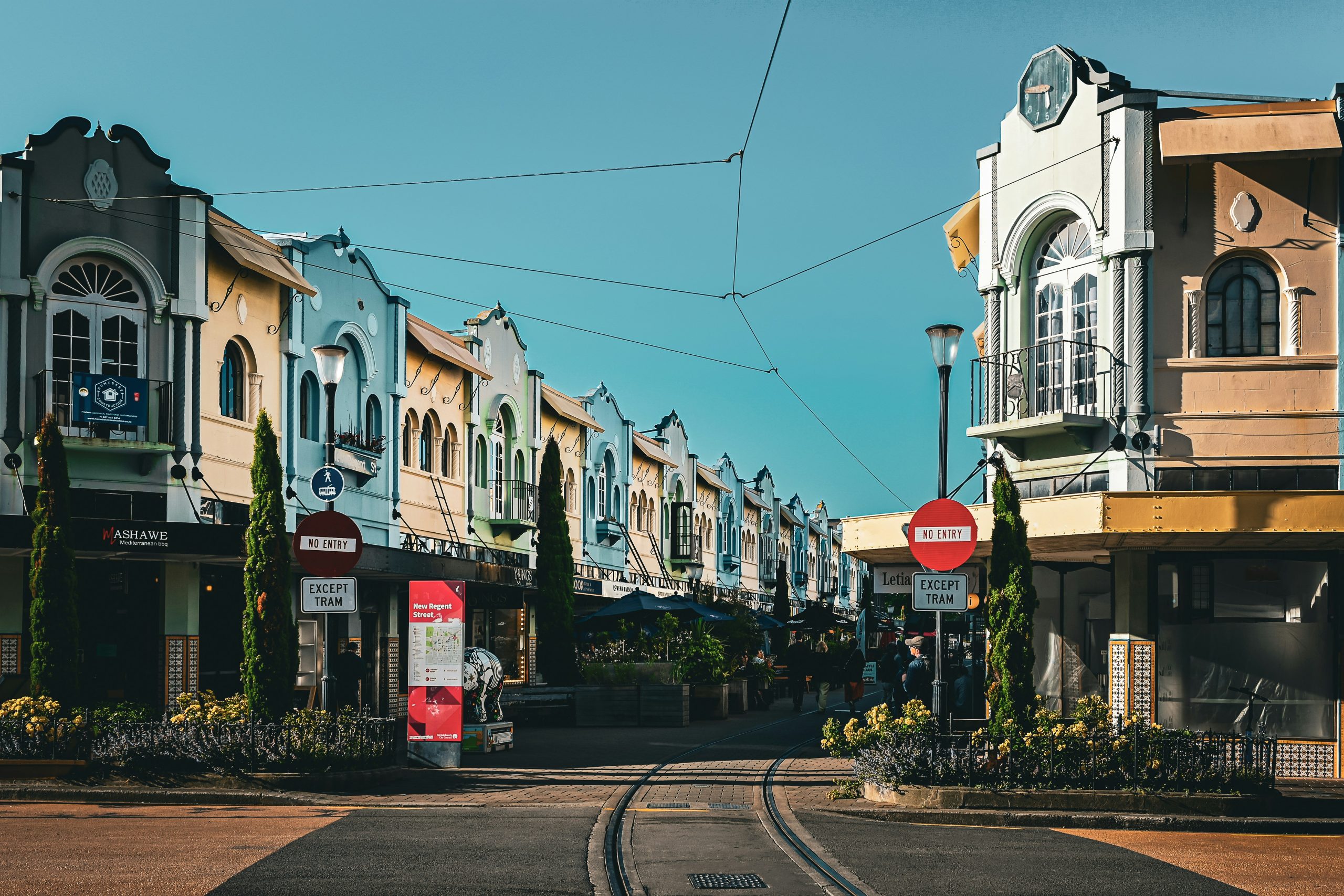Landscape of Christchurch city with old buildings and tram lines