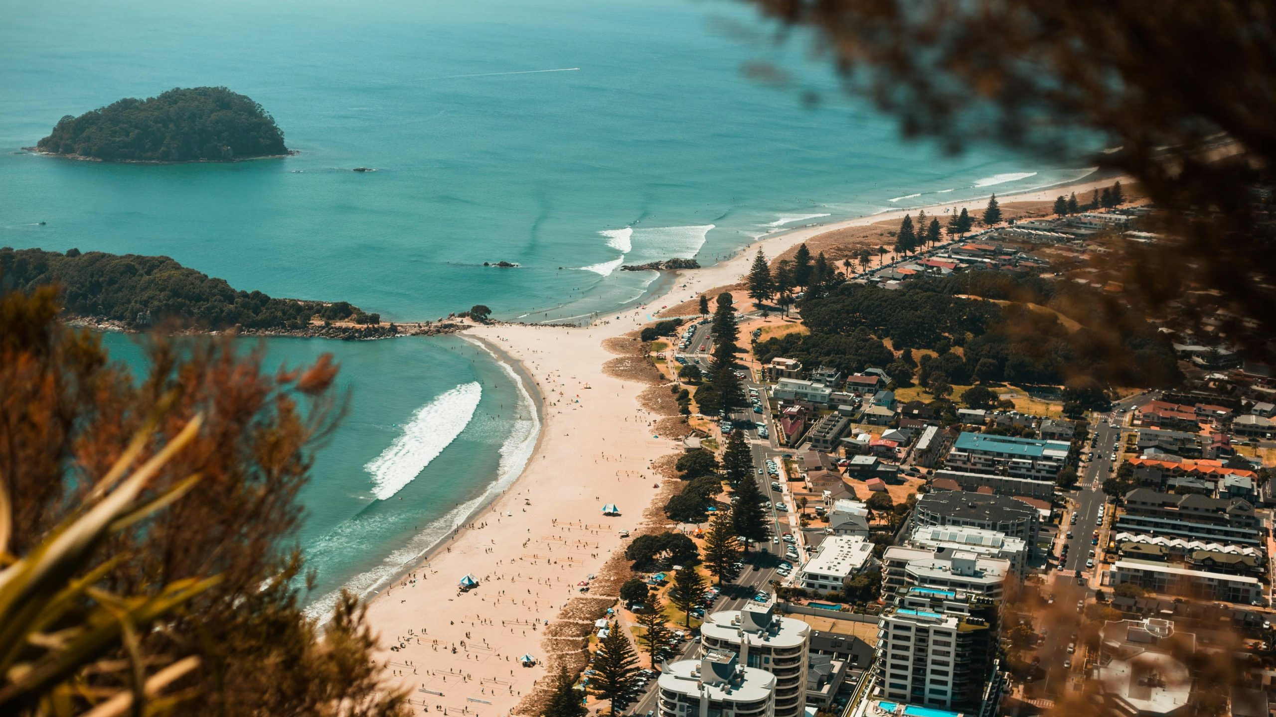 Birds eye view of the main strip of Tauranga beach and city